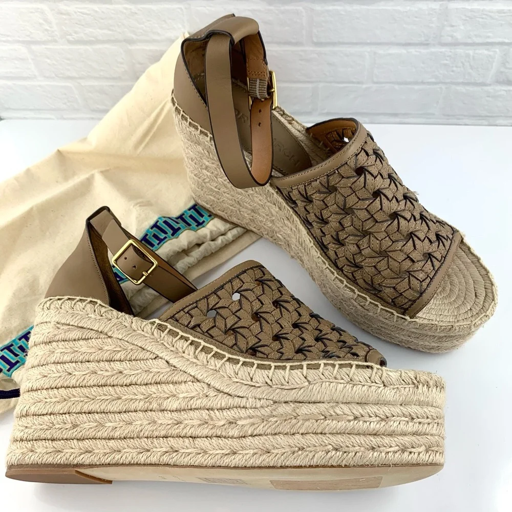 NEW! Tory Burch Basketweave Beige Espadrilles Wedges Size 8.5 $348